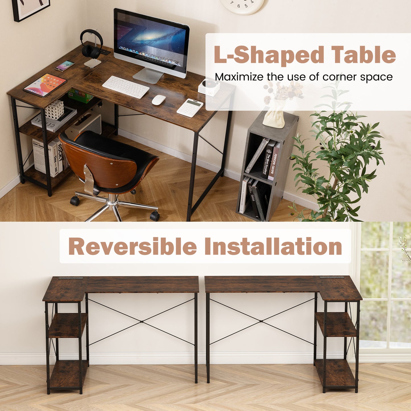 Home Office Computer Desk with Reversible Adjustable Storage Shelves-Rustic Brown