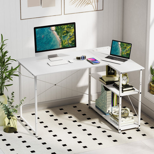 Home Office Computer Desk with Reversible Adjustable Storage Shelves-White
