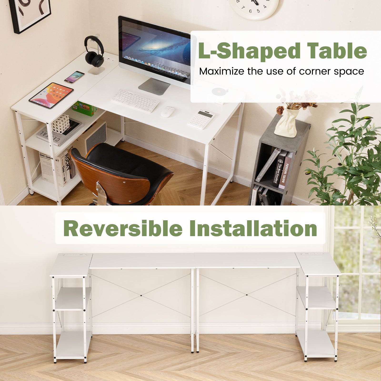 Home Office Computer Desk with Reversible Adjustable Storage Shelves-White