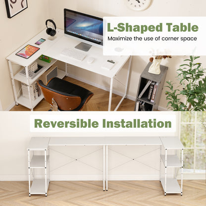 Home Office Computer Desk with Reversible Adjustable Storage Shelves-White
