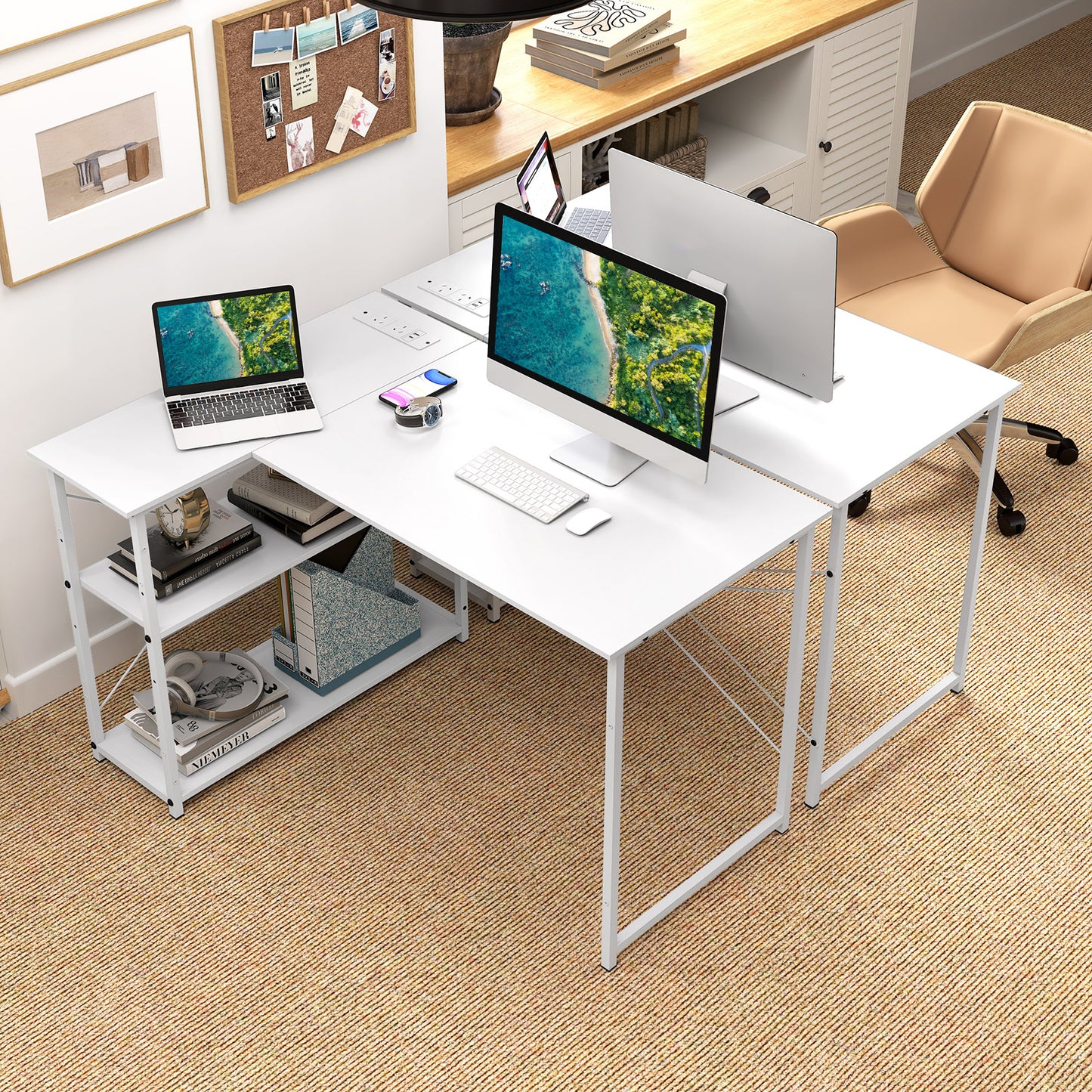 Home Office Computer Desk with Reversible Adjustable Storage Shelves-White