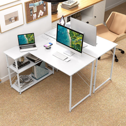 Home Office Computer Desk with Reversible Adjustable Storage Shelves-White