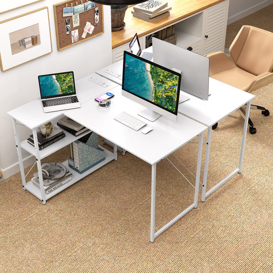 Home Office Computer Desk with Reversible Adjustable Storage Shelves-White