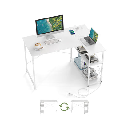 Home Office Computer Desk with Reversible Adjustable Storage Shelves-White