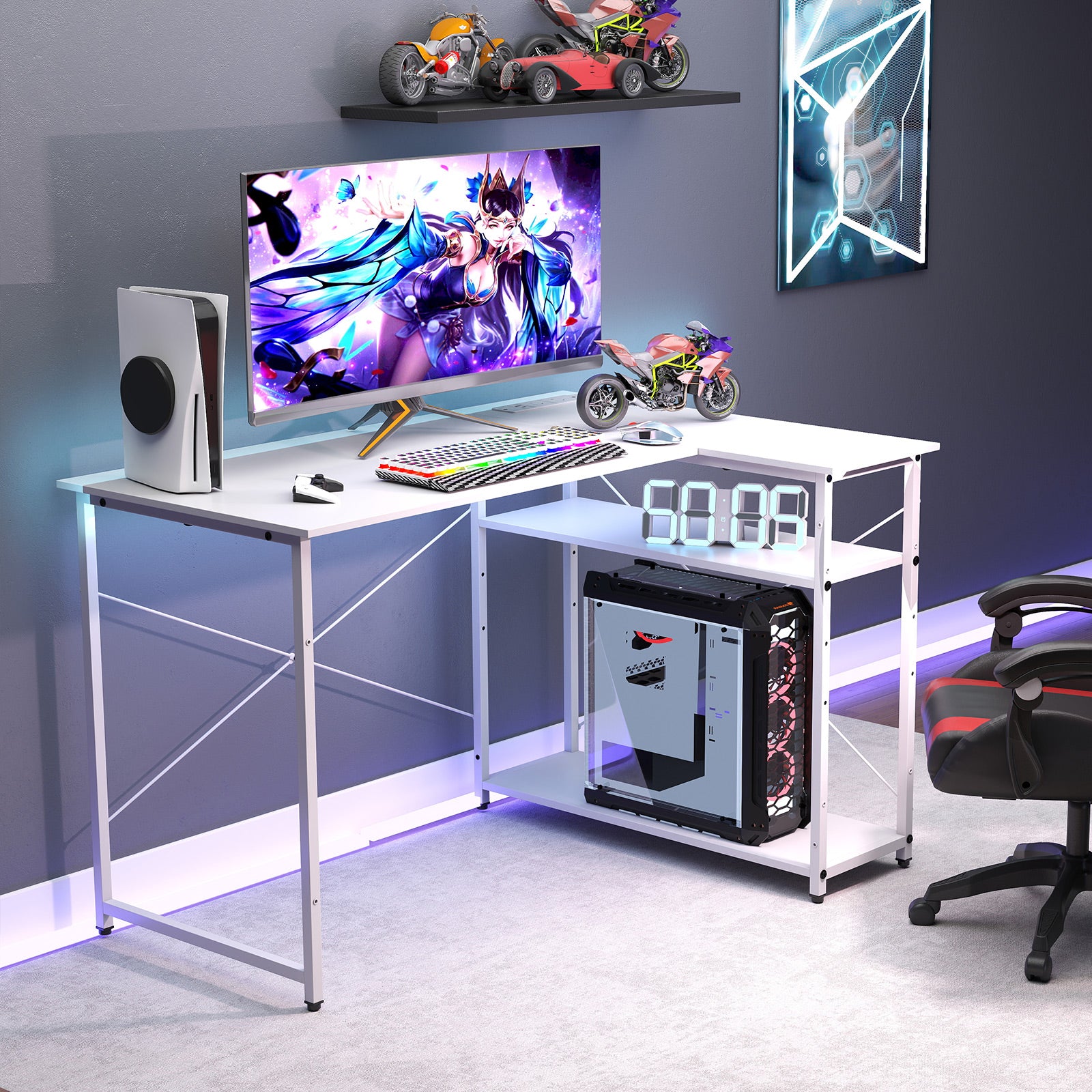 Home Office Computer Desk with Reversible Adjustable Storage Shelves-White