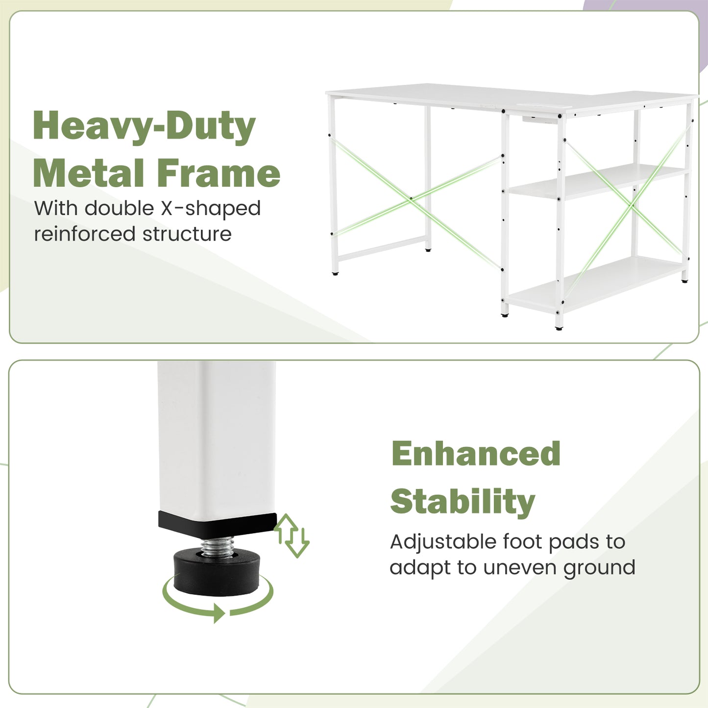 Home Office Computer Desk with Reversible Adjustable Storage Shelves-White