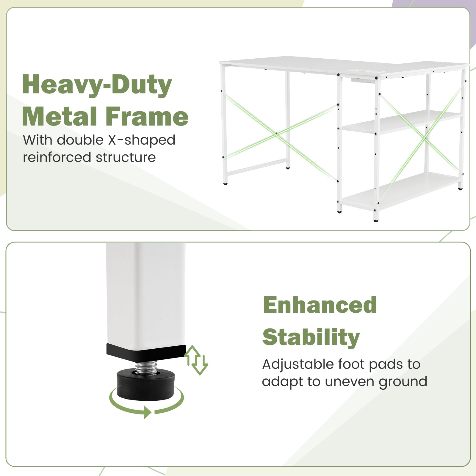 Home Office Computer Desk with Reversible Adjustable Storage Shelves-White
