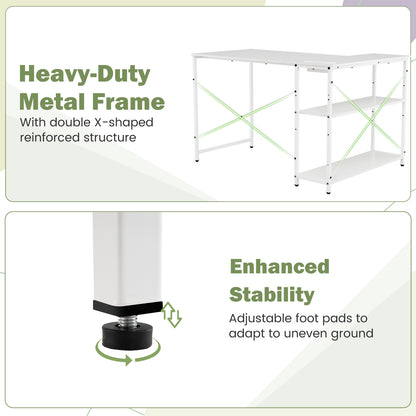 Home Office Computer Desk with Reversible Adjustable Storage Shelves-White