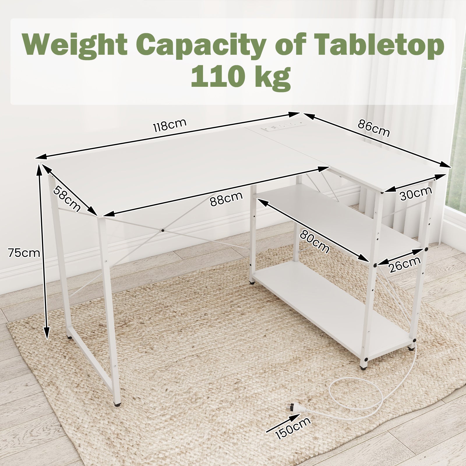 Home Office Computer Desk with Reversible Adjustable Storage Shelves-White