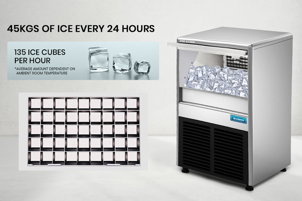 Commercial Ice Maker, 45kg/24hr, 0.76m Height, Auto-Clean, Stainless Steel
