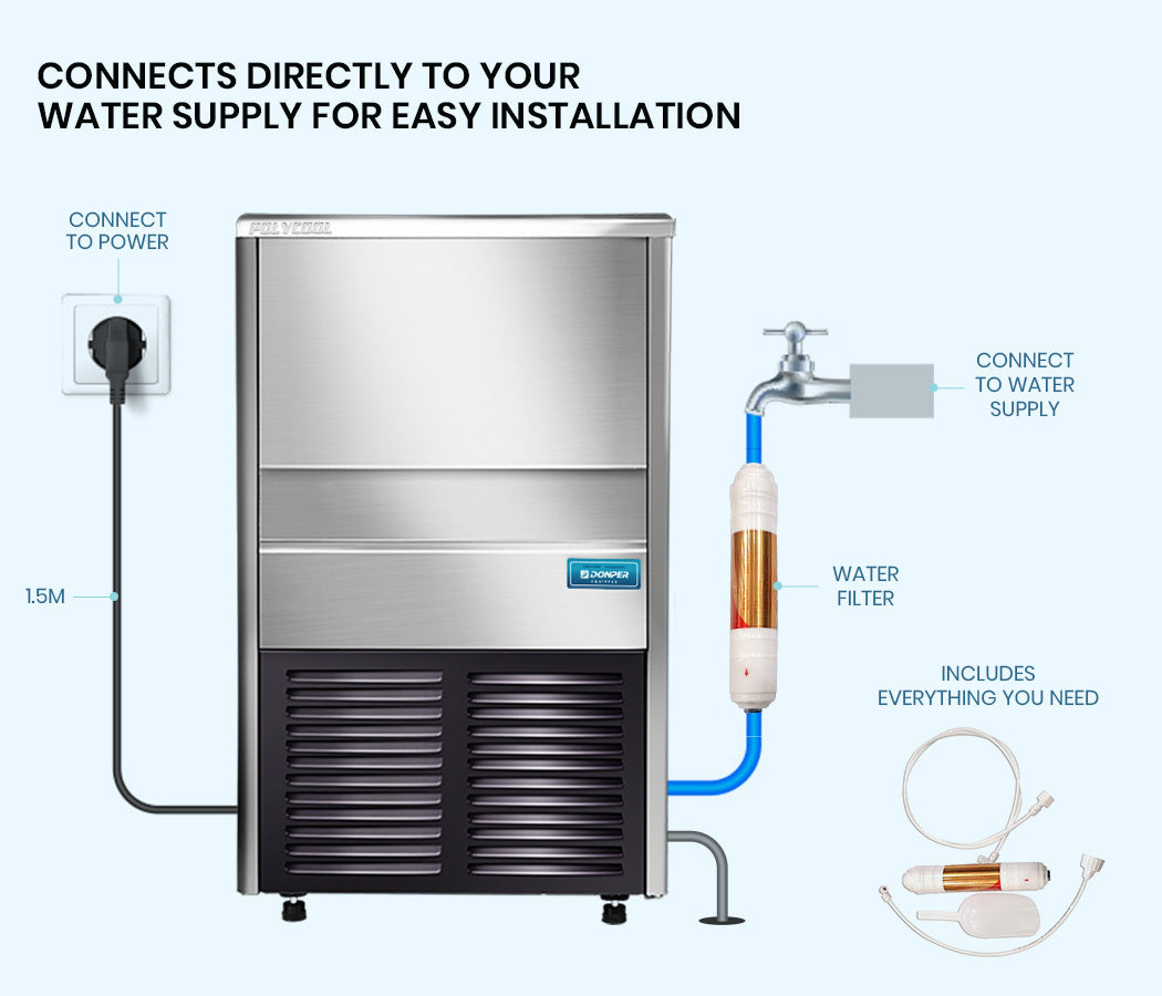 Commercial Ice Maker, 45kg/24hr, 0.76m Height, Auto-Clean, Stainless Steel