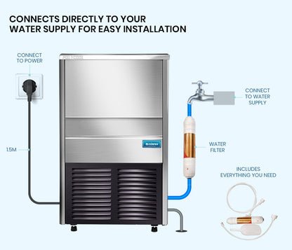 Commercial Ice Maker, 45kg/24hr, 0.76m Height, Auto-Clean, Stainless Steel