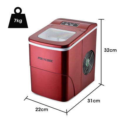 2L Portable Ice Maker, 12kg/Day, Automatic with Control Panel - Red