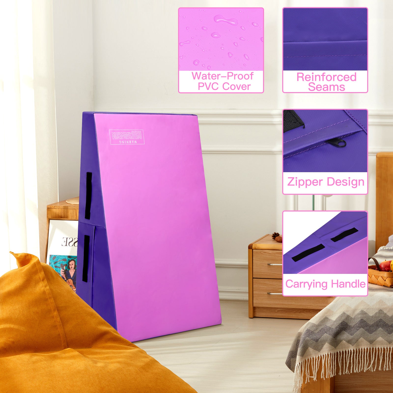 Incline Gymnastics Mat Gym Fitness Skill Shape Tumbling Mat with Carrying Handles-Purple