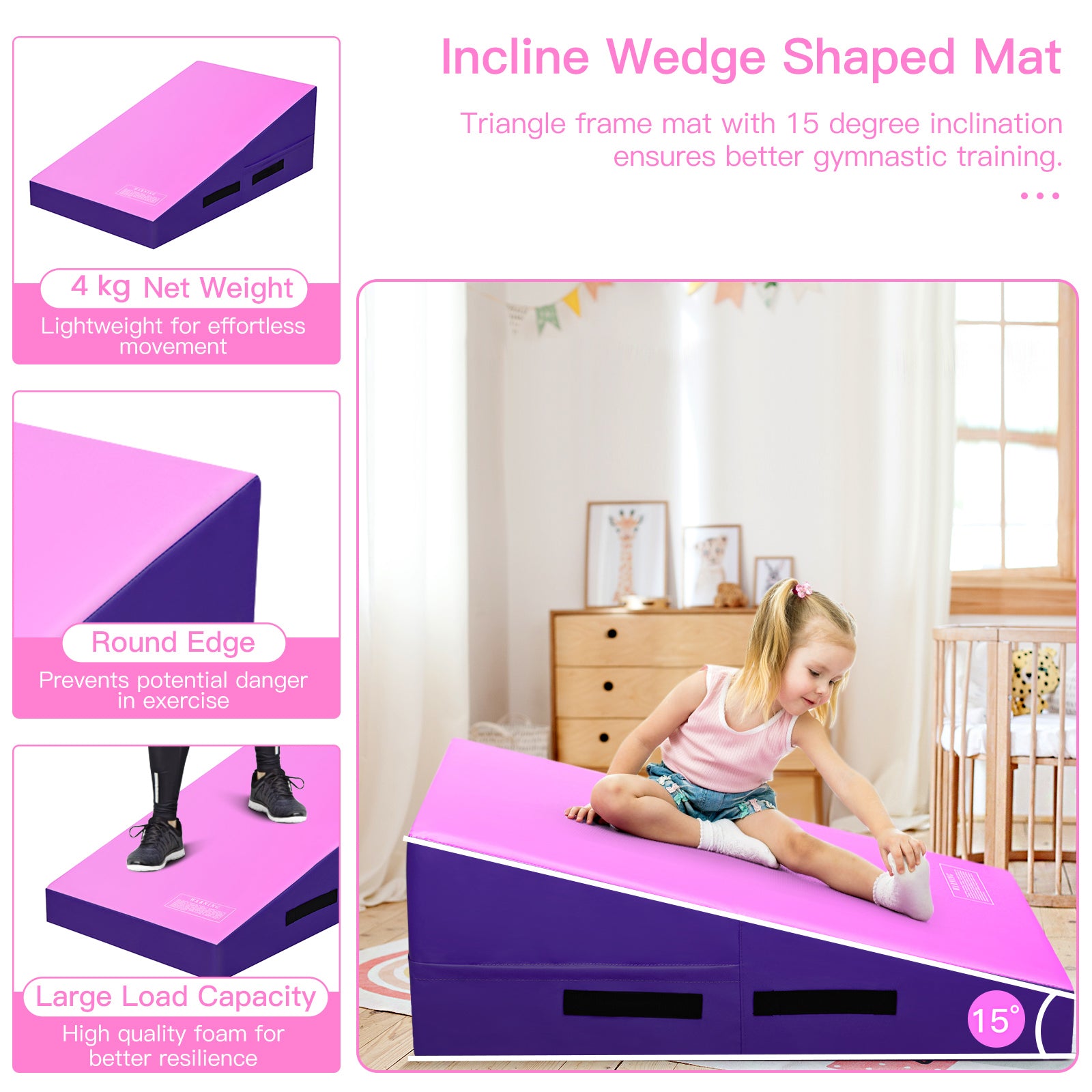 Incline Gymnastics Mat Gym Fitness Skill Shape Tumbling Mat with Carrying Handles-Purple