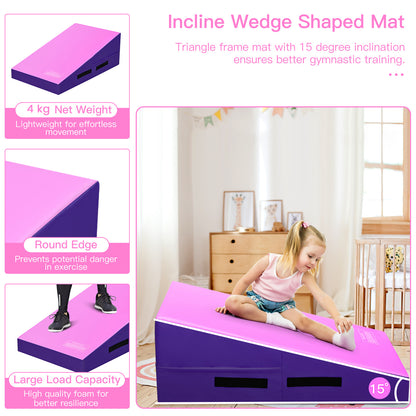 Incline Gymnastics Mat Gym Fitness Skill Shape Tumbling Mat with Carrying Handles-Purple