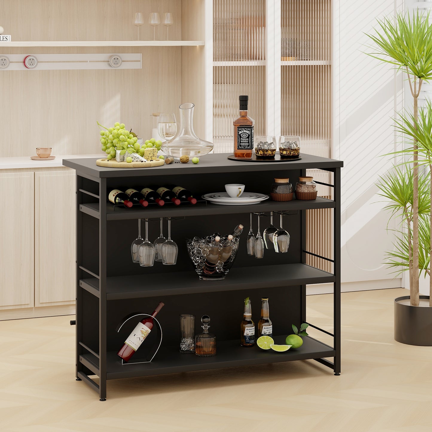 4-Tier Liquor Bar Cabinet with 3 Open Shelves and Wine Rack-Black