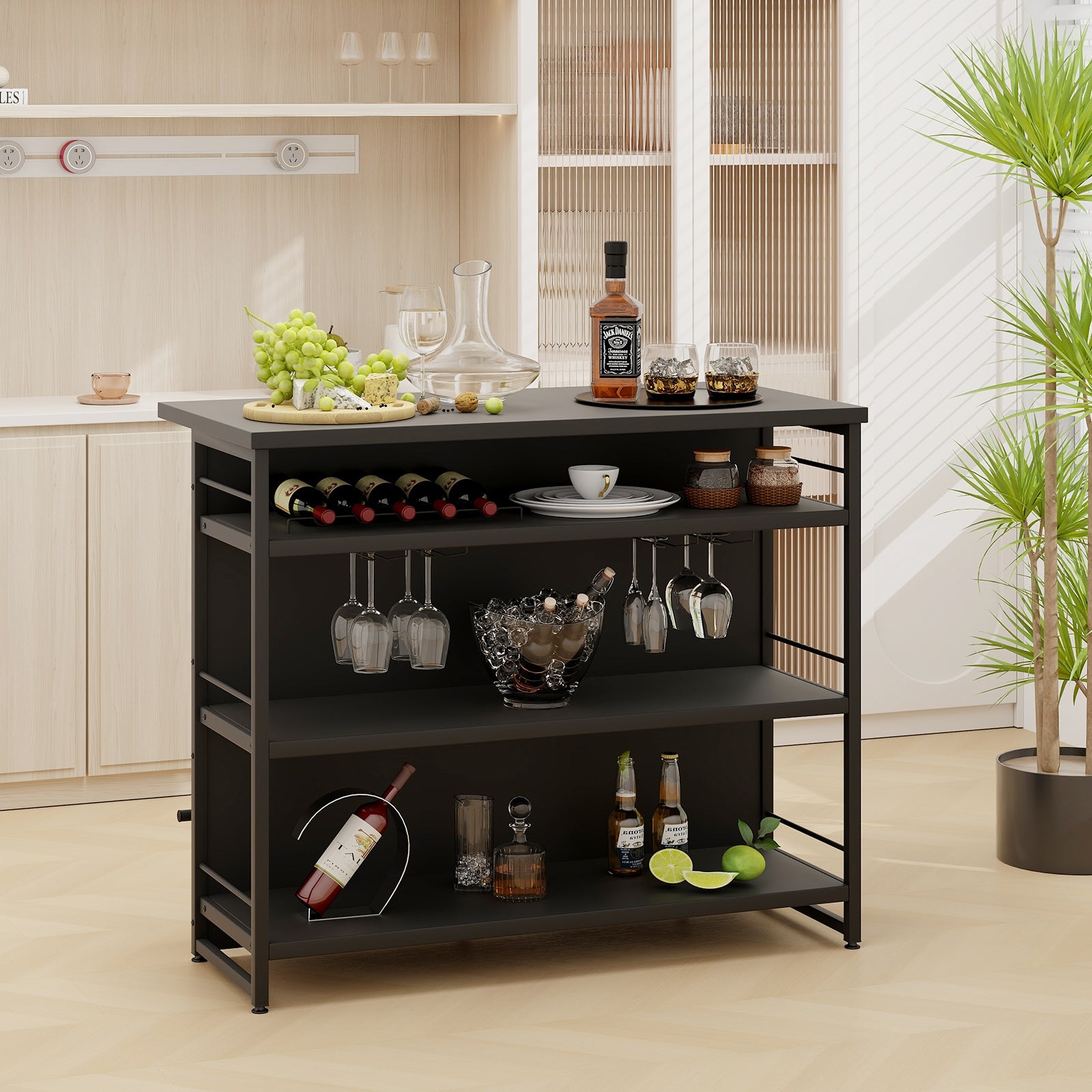 4-Tier Liquor Bar Cabinet with 3 Open Shelves and Wine Rack-Black