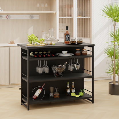 4-Tier Liquor Bar Cabinet with 3 Open Shelves and Wine Rack-Black