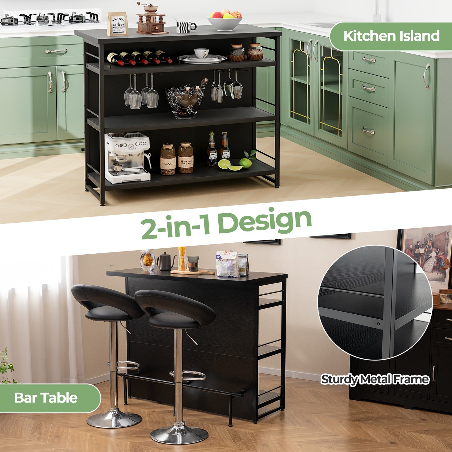 4-Tier Liquor Bar Cabinet with 3 Open Shelves and Wine Rack-Black