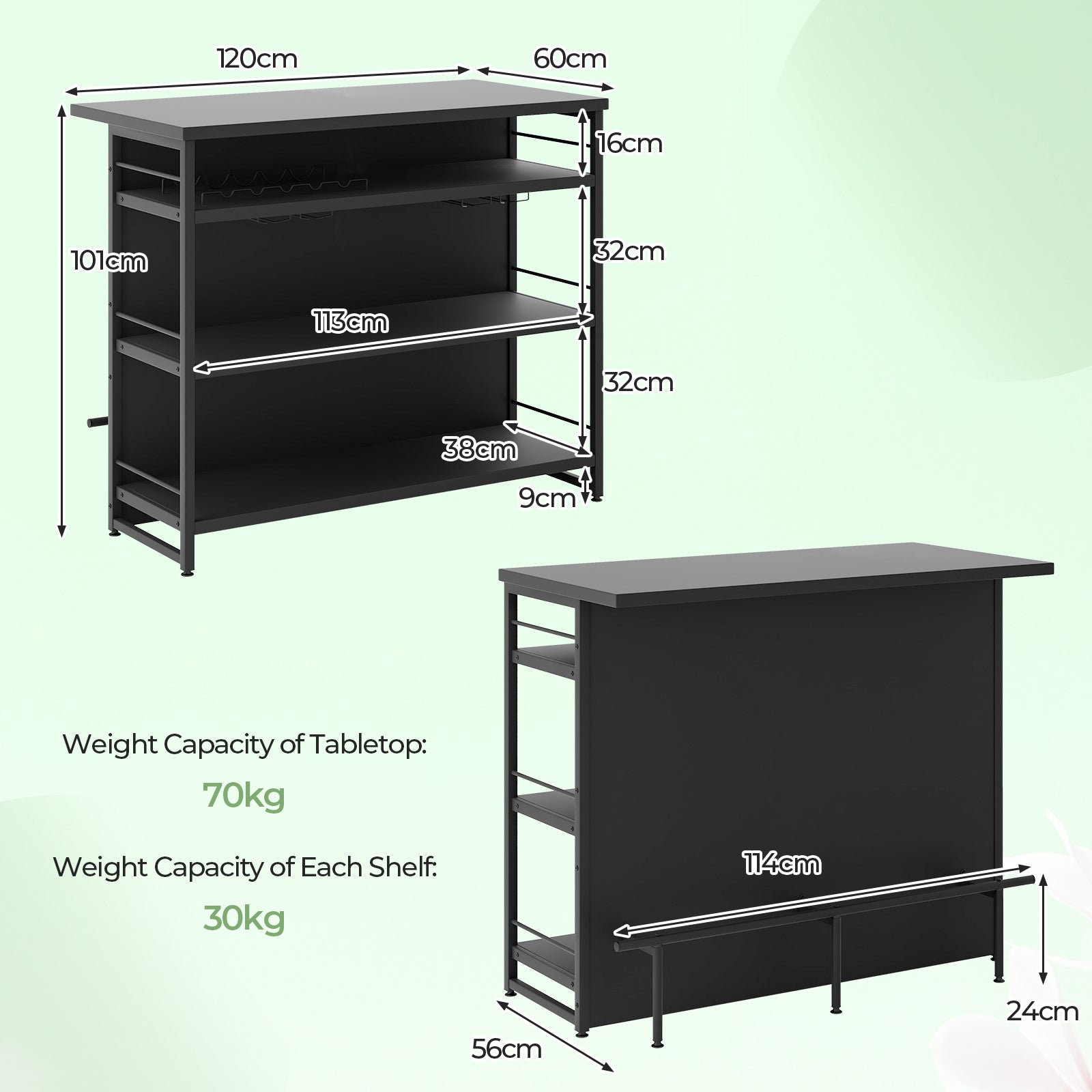 4-Tier Liquor Bar Cabinet with 3 Open Shelves and Wine Rack-Black
