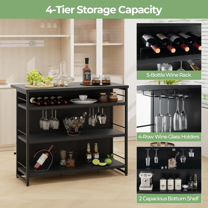 4-Tier Liquor Bar Cabinet with 3 Open Shelves and Wine Rack-Black