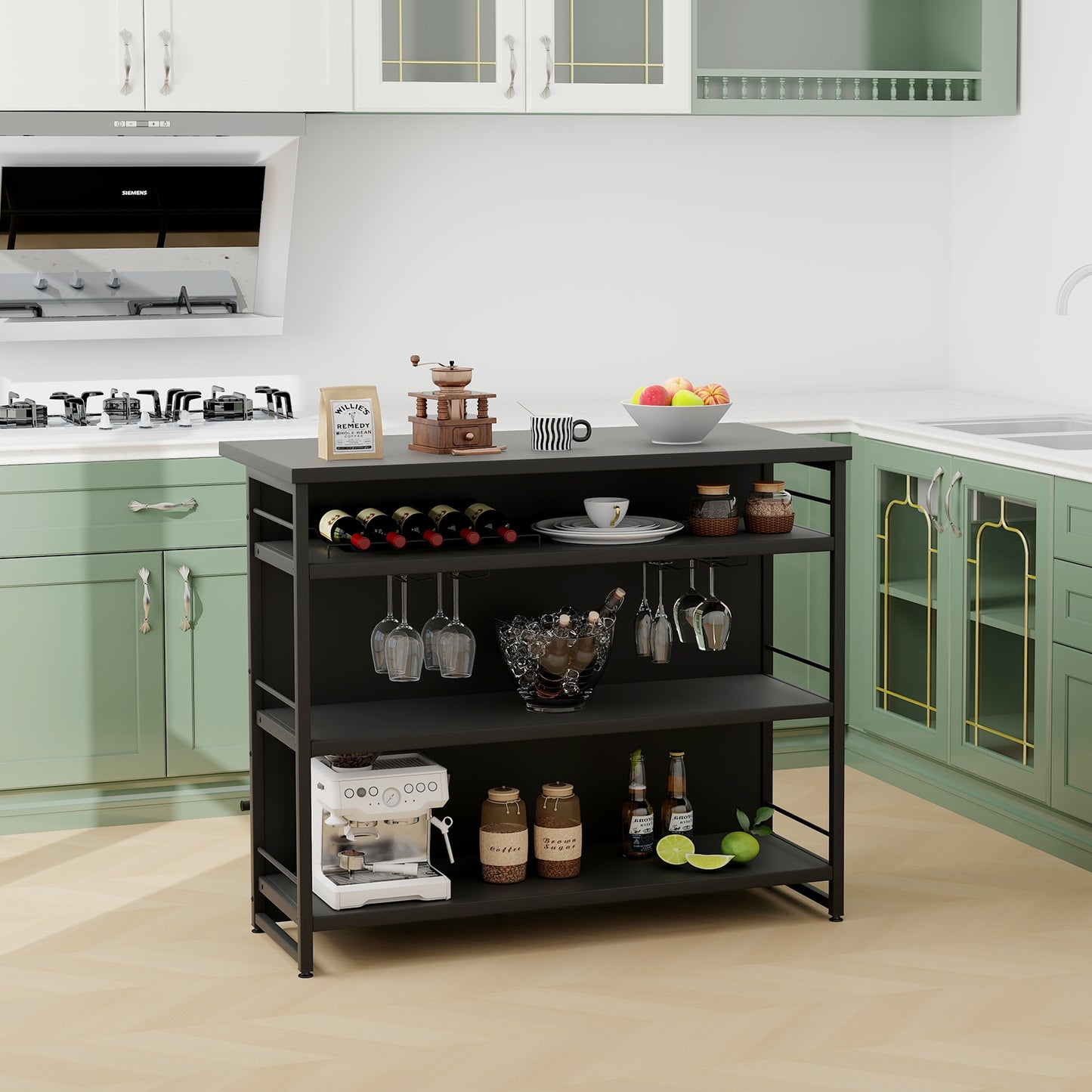 4-Tier Liquor Bar Cabinet with 3 Open Shelves and Wine Rack-Black