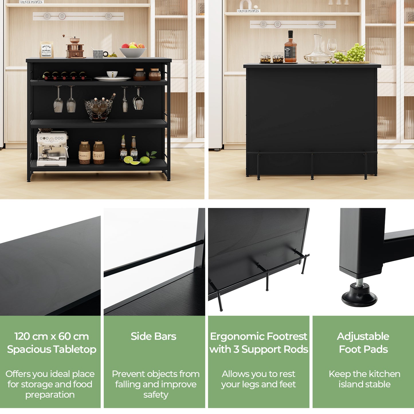 4-Tier Liquor Bar Cabinet with 3 Open Shelves and Wine Rack-Black