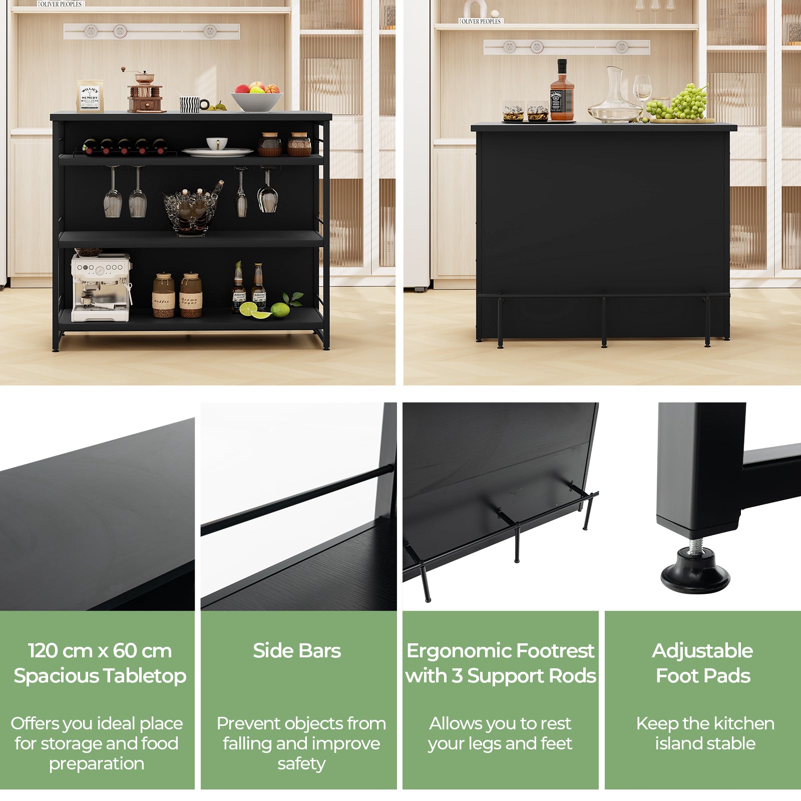 4-Tier Liquor Bar Cabinet with 3 Open Shelves and Wine Rack-Black