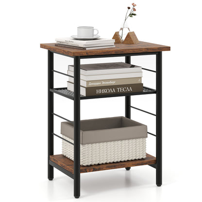 3-Tier Industrial Side Table with Adjustable Mesh Shelf for Living Room