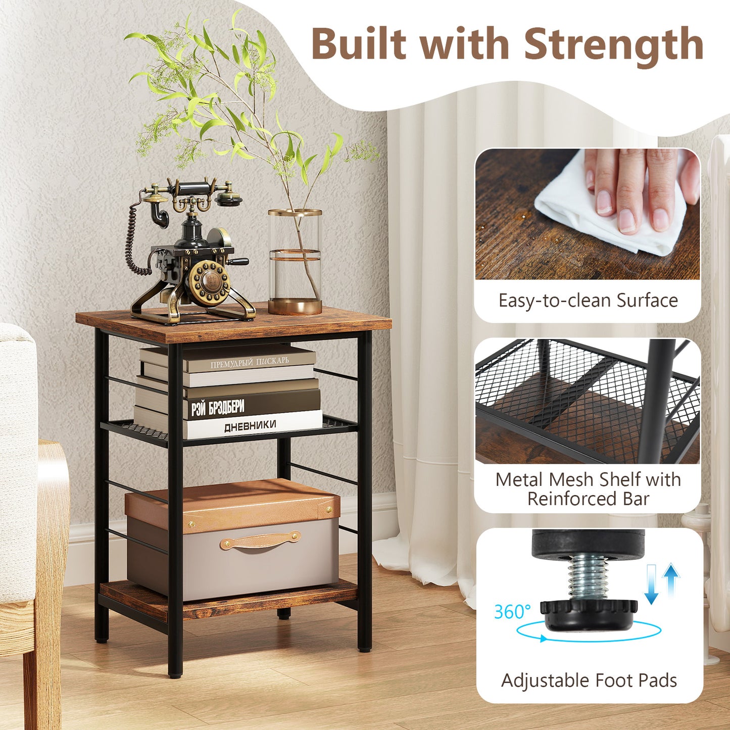 3-Tier Industrial Side Table with Adjustable Mesh Shelf for Living Room