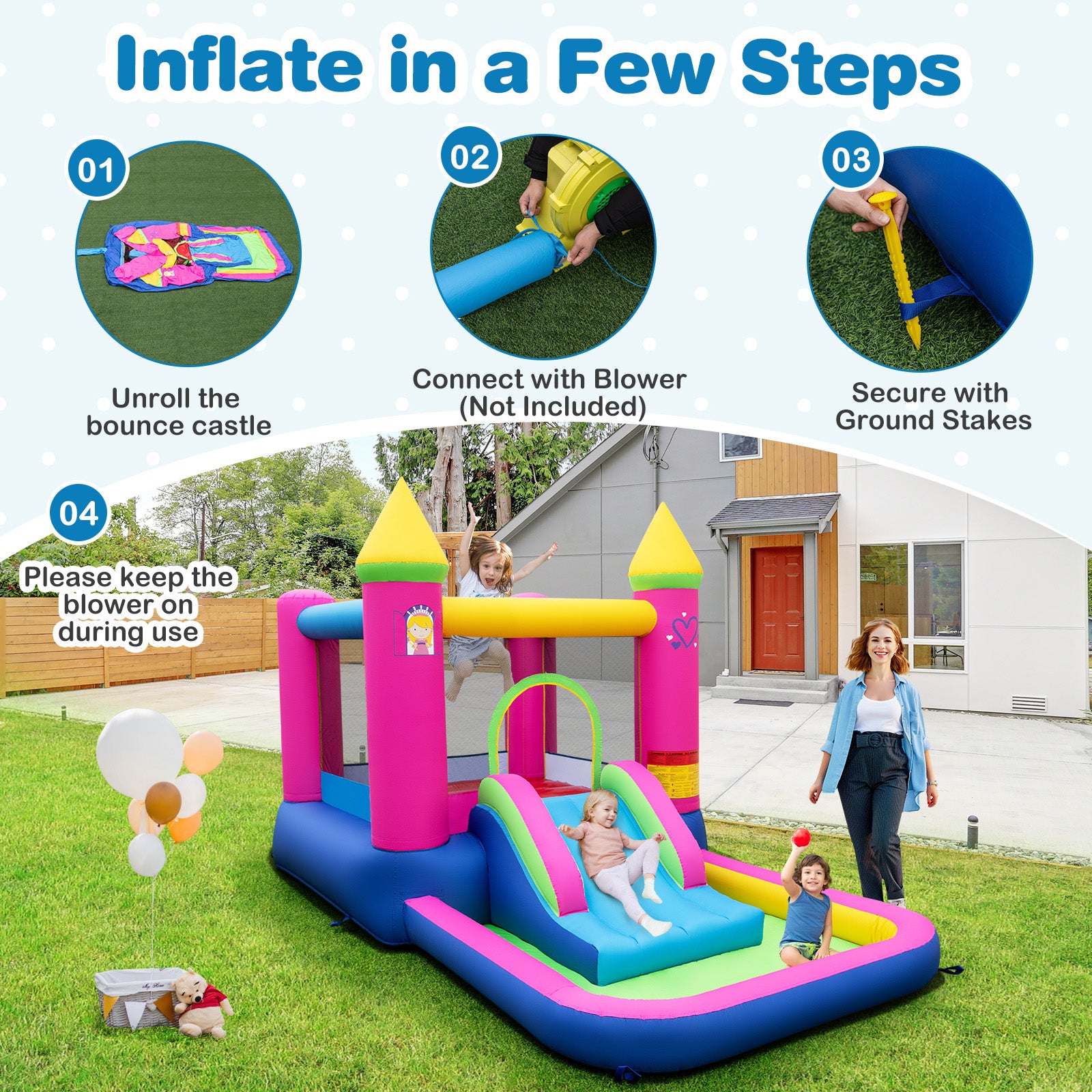 4-in-1 Inflatable Bounce House with Slide and Jumping Area (without Blower)