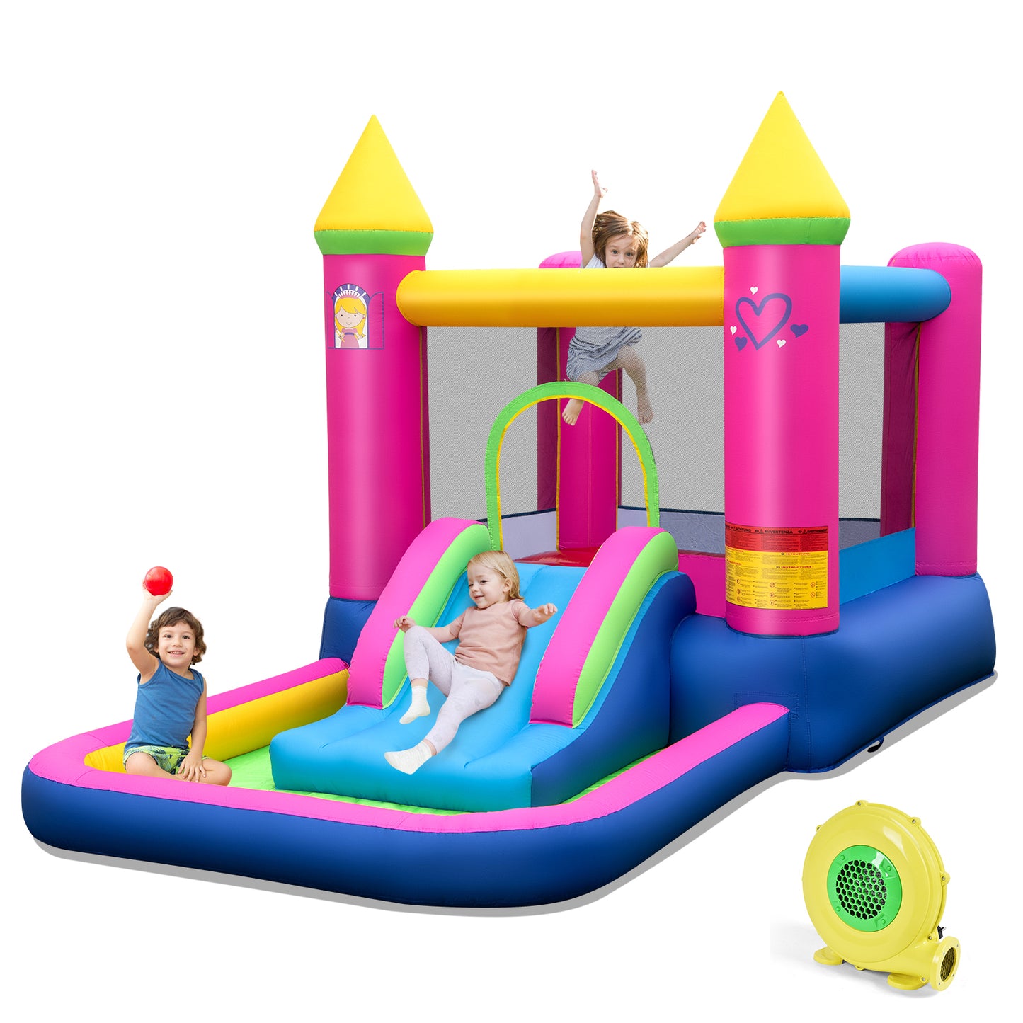 4-in-1 Inflatable Bounce House with Slide and Jumping Area (with Blower)