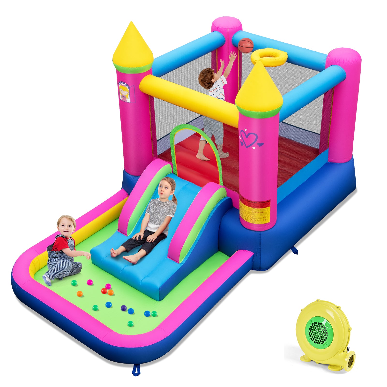 4-in-1 Inflatable Bounce House with Slide and Jumping Area (with Blower)