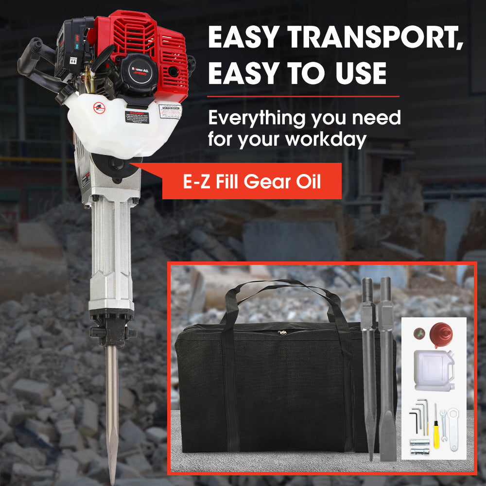 52cc 2-Stroke Petrol Jackhammer with 30mm SDS, 16kg, 55J Impact Energy