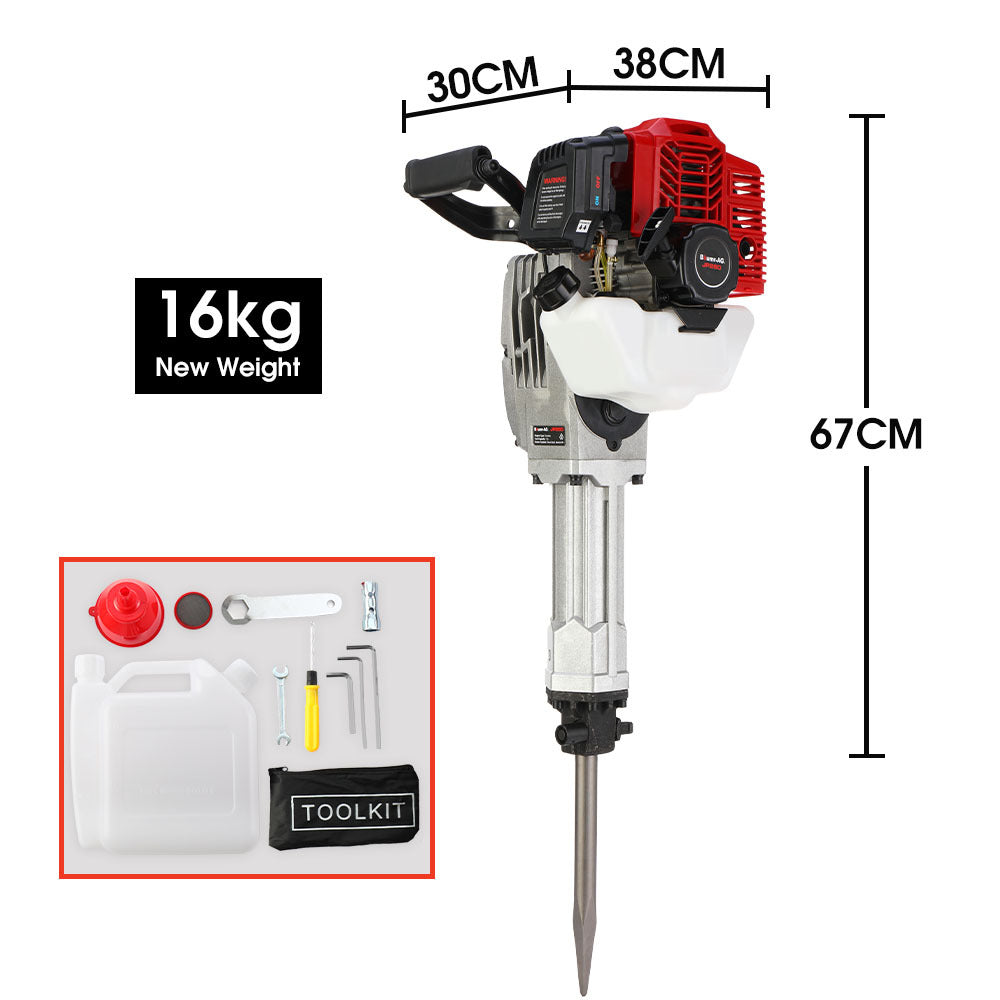 52cc 2-Stroke Petrol Jackhammer with 30mm SDS, 16kg, 55J Impact Energy