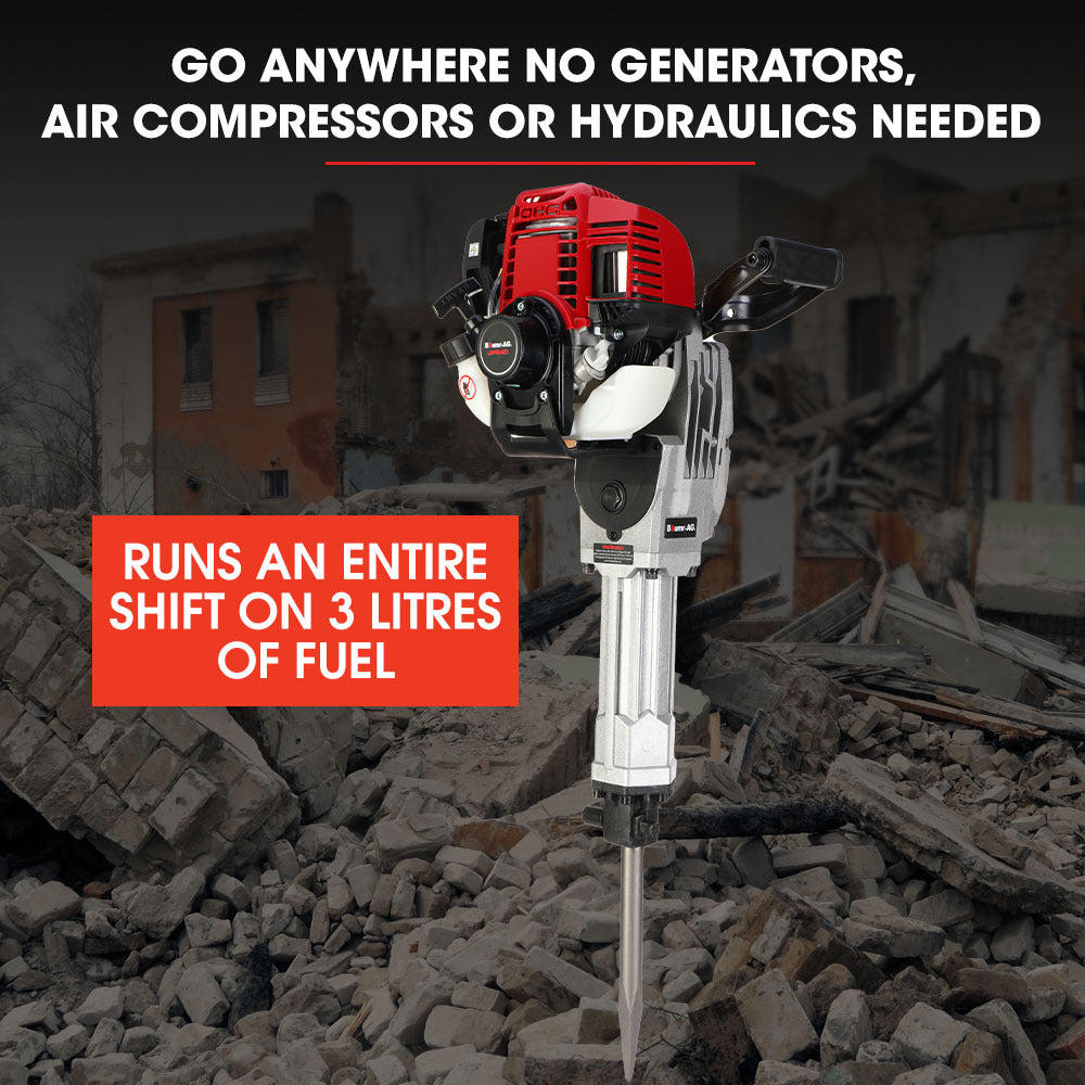4-Stroke Petrol Jackhammer with 2 Chisels and Carry Bag, 40cc Engine, 65J Impact