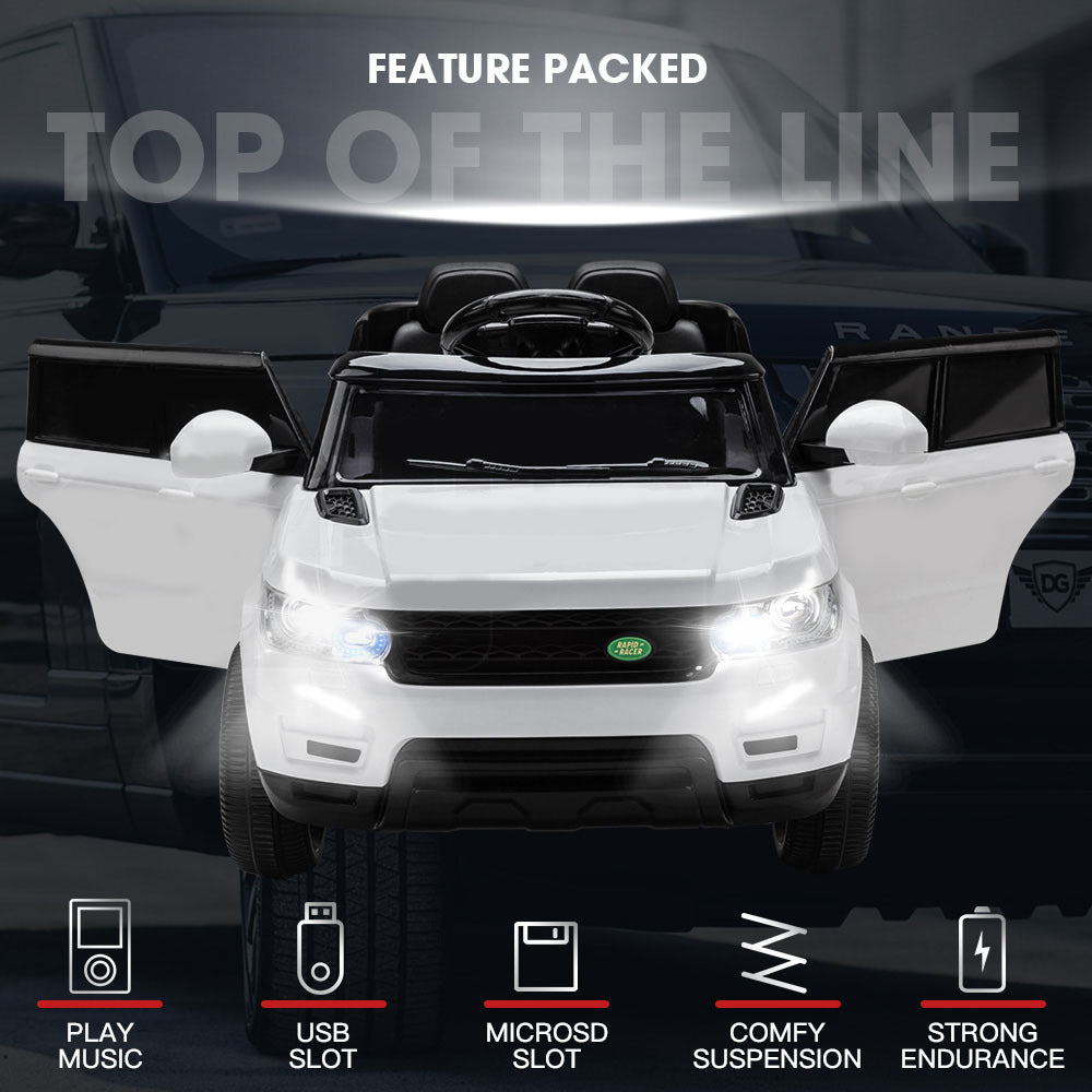 12V White Electric Ride-On Car for Kids with Remote Control & MP3 Input