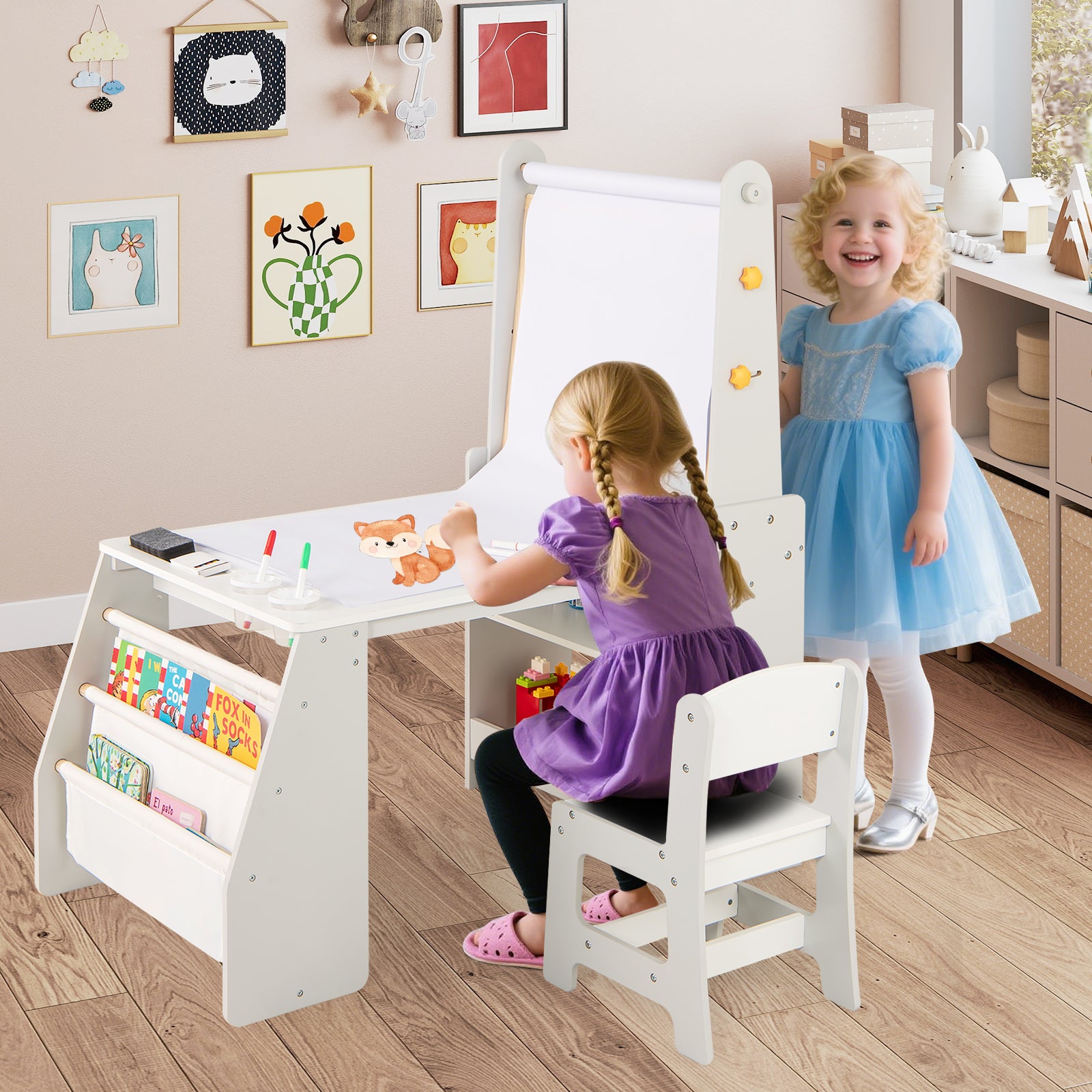 Kids Art Table and Chair Set with Easel and Chair-Grey