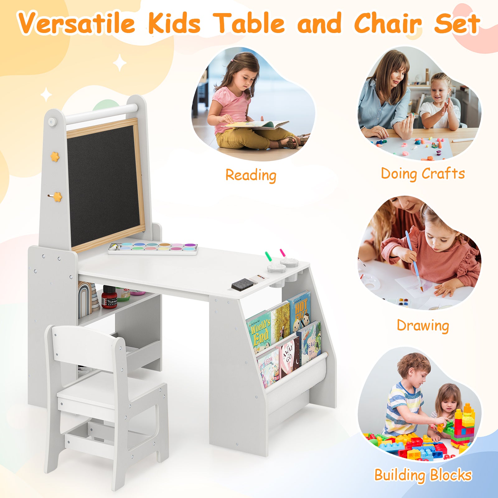 Kids Art Table and Chair Set with Easel and Chair-Grey