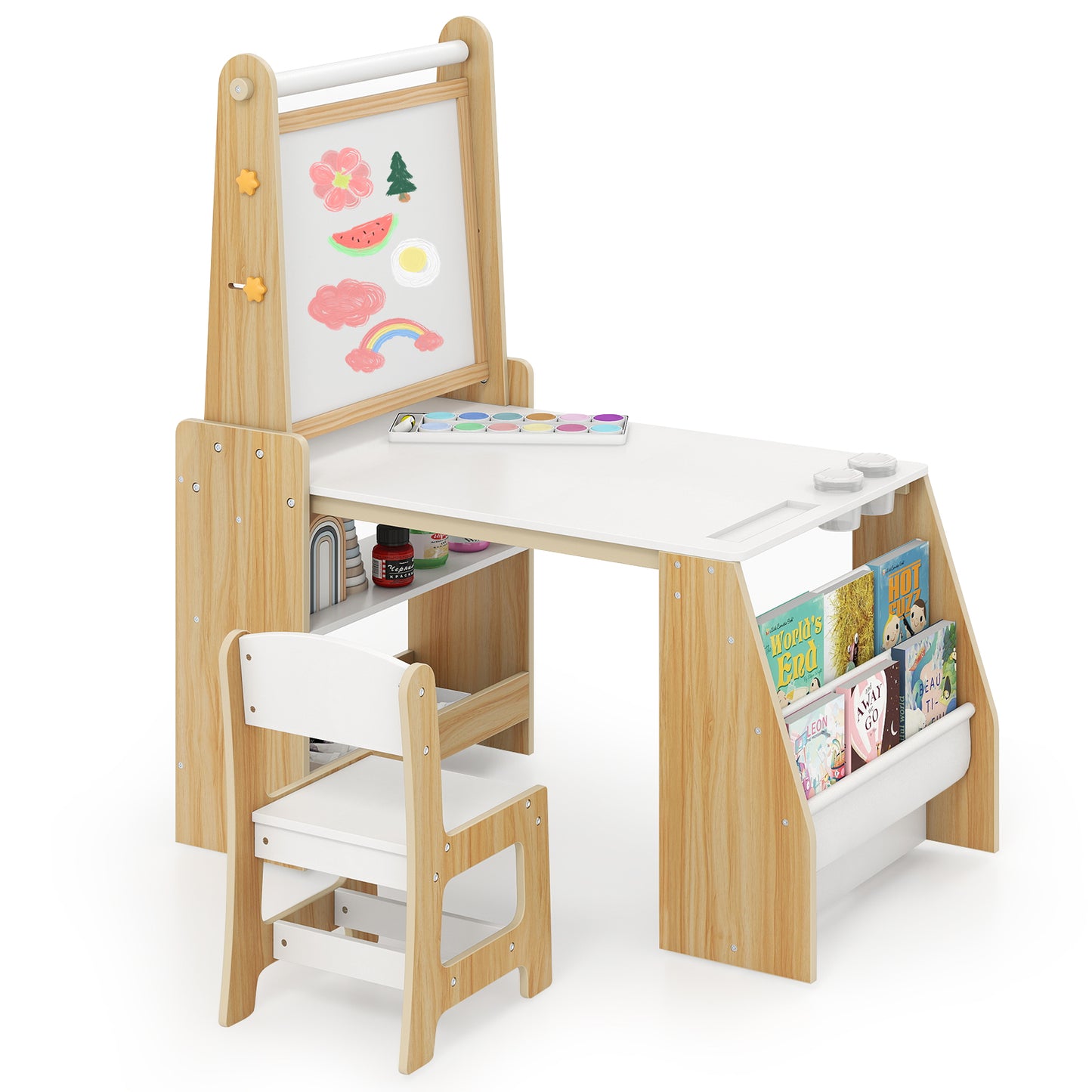 Kids Art Table and Chair Set with Easel and Chair-Natural