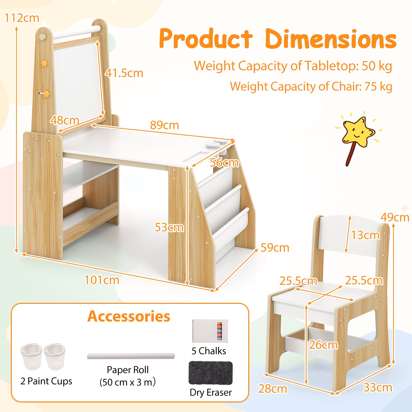Kids Art Table and Chair Set with Easel and Chair-Natural