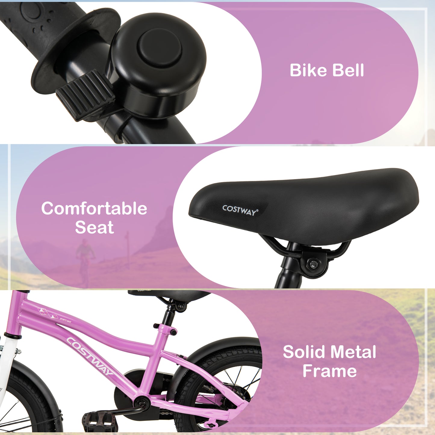 14 Inch Kids Bike Adjustable with Removable Training Wheels for Aged 3-5-Purple