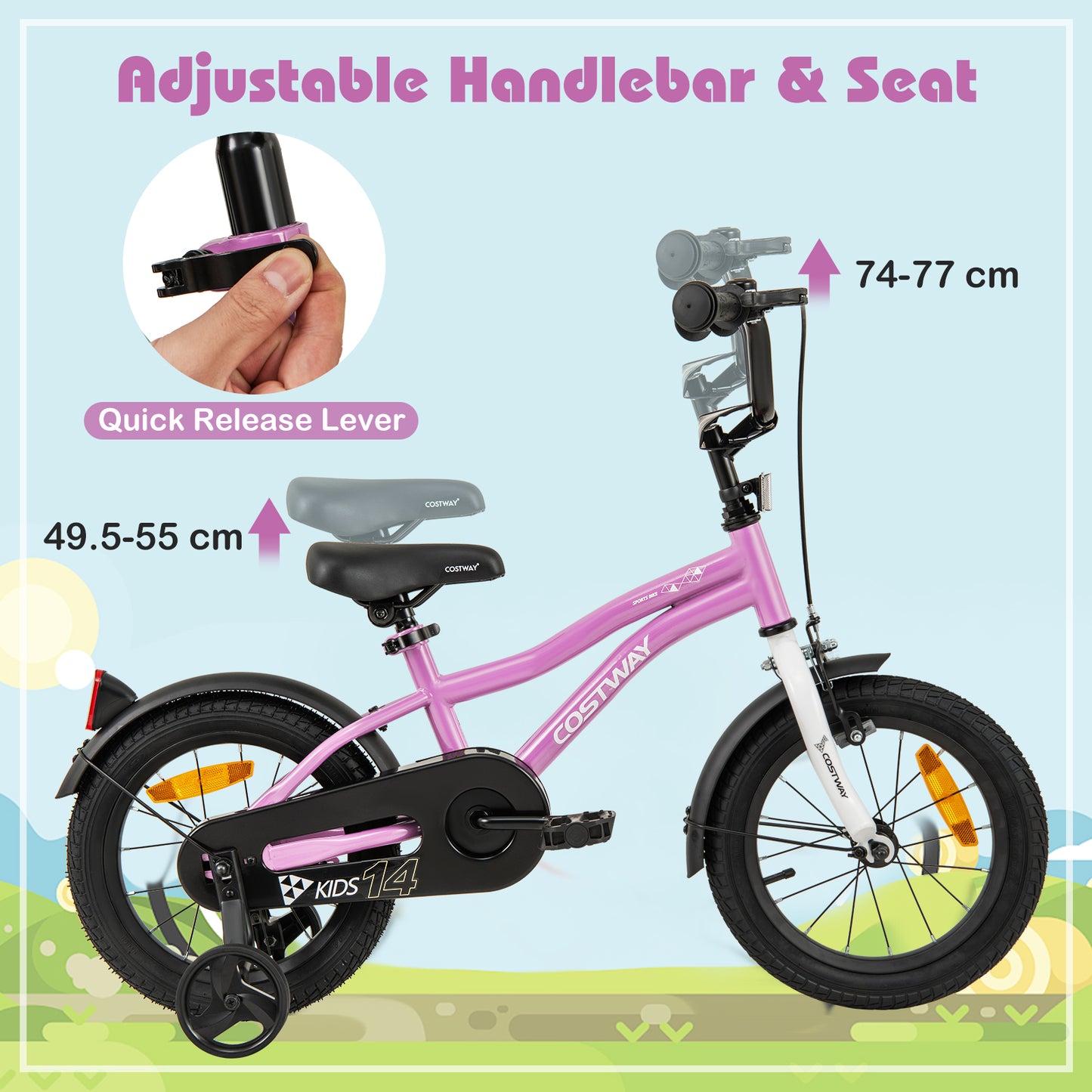 14 Inch Kids Bike Adjustable with Removable Training Wheels for Aged 3-5-Purple