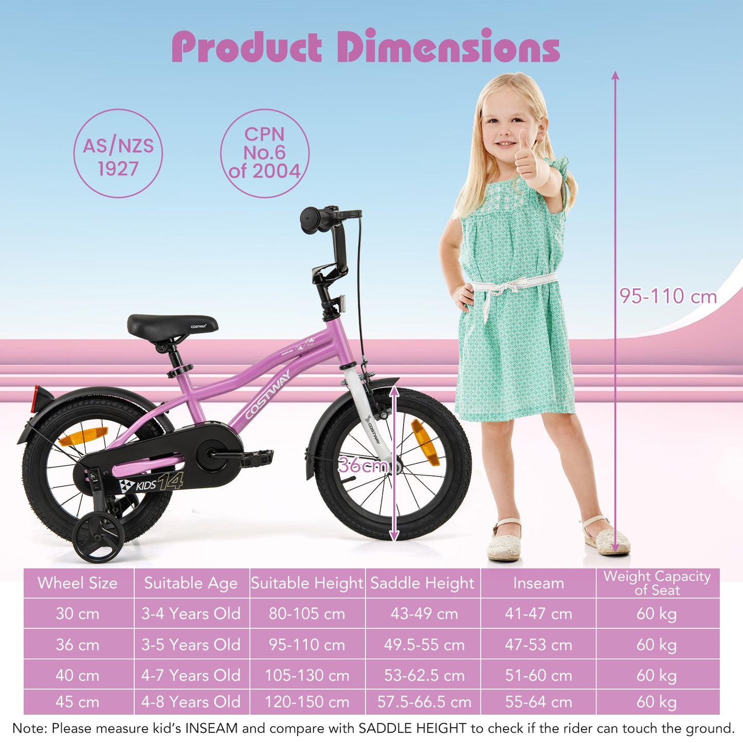14 Inch Kids Bike Adjustable with Removable Training Wheels for Aged 3-5-Purple