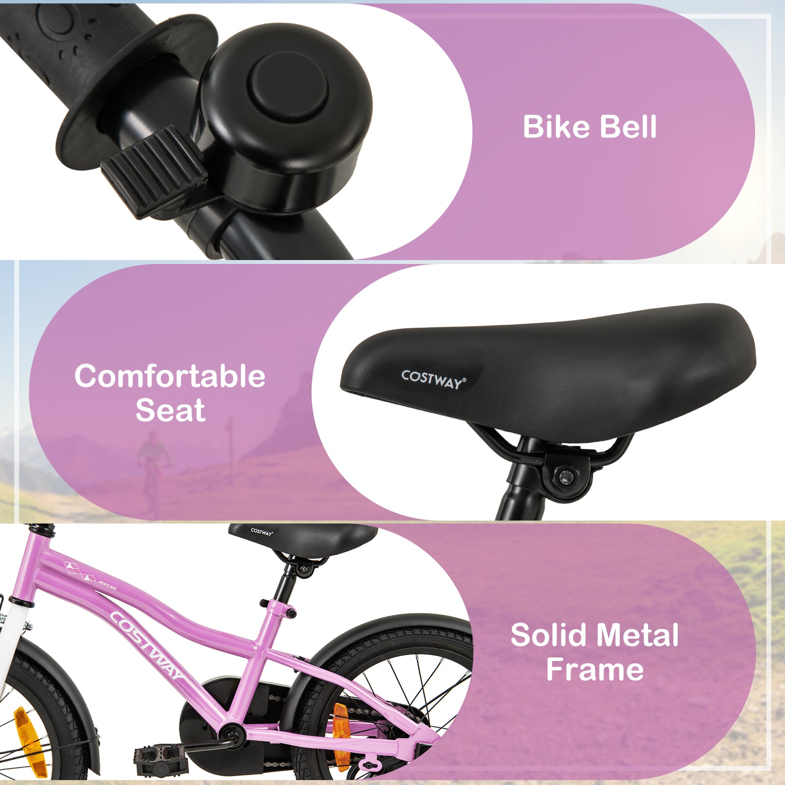 16 Inch Kids Bike Adjustable with Removable Training Wheels for Aged 4-7-Purple