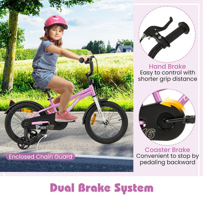 16 Inch Kids Bike Adjustable with Removable Training Wheels for Aged 4-7-Purple