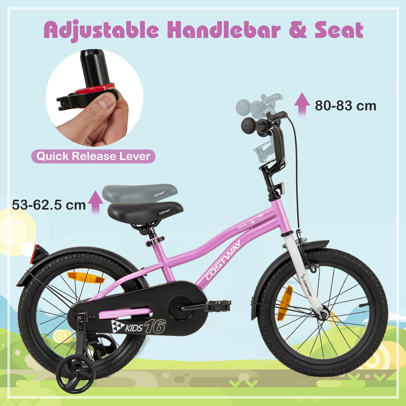 16 Inch Kids Bike Adjustable with Removable Training Wheels for Aged 4-7-Purple