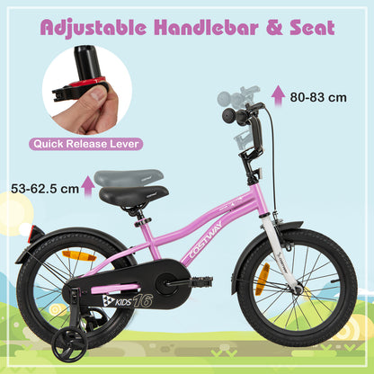 16 Inch Kids Bike Adjustable with Removable Training Wheels for Aged 4-7-Purple