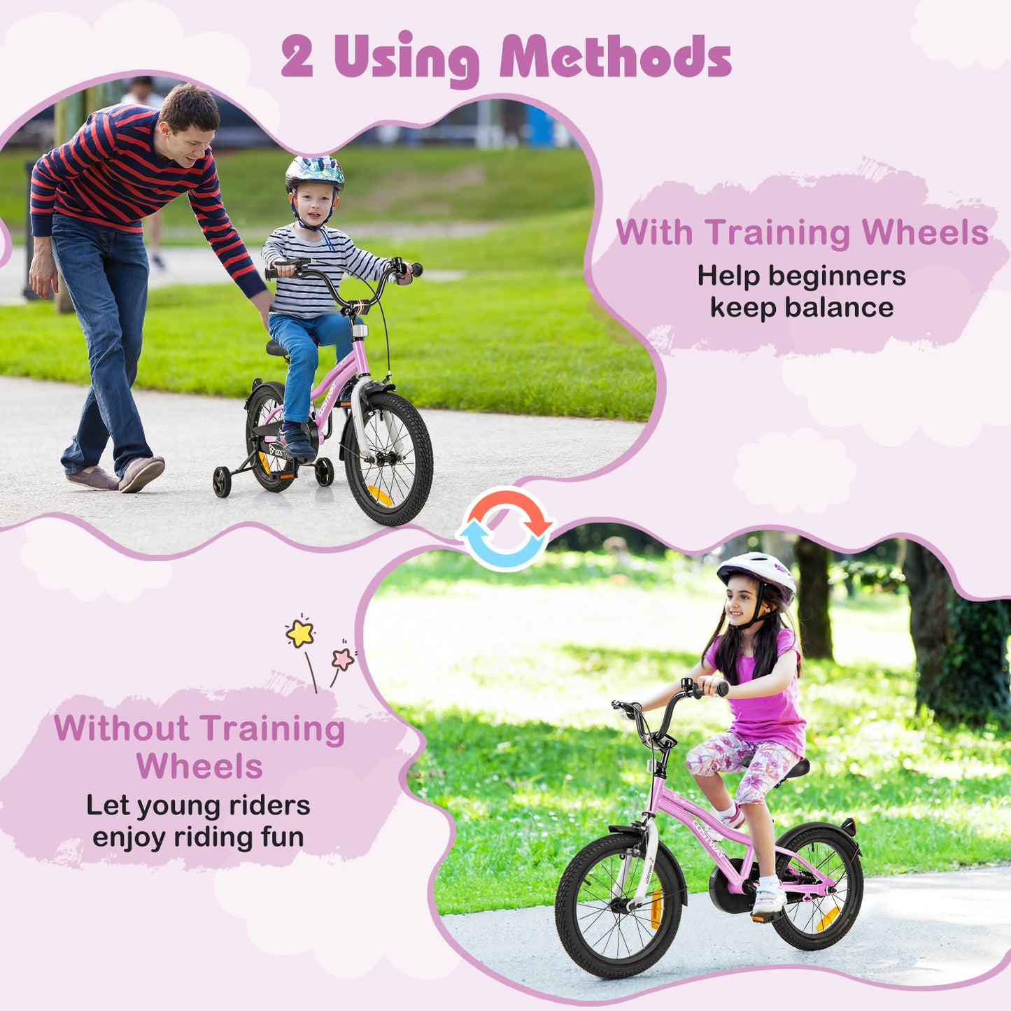 16 Inch Kids Bike Adjustable with Removable Training Wheels for Aged 4-7-Purple